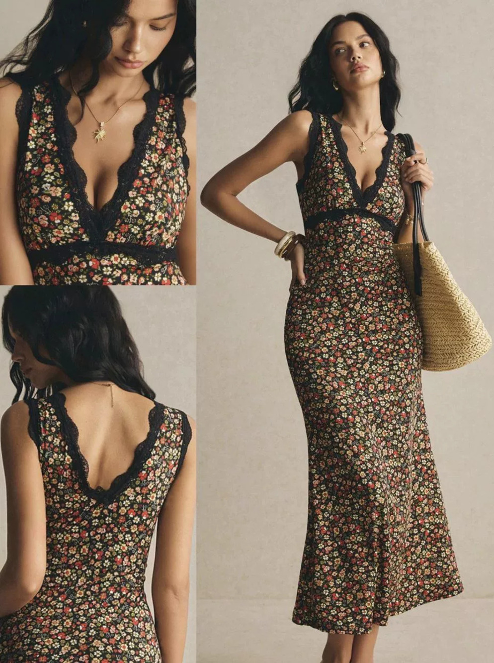 ZARA Floral Print Long Spaghetti Strap Lace Dress - Picture 2 of 6